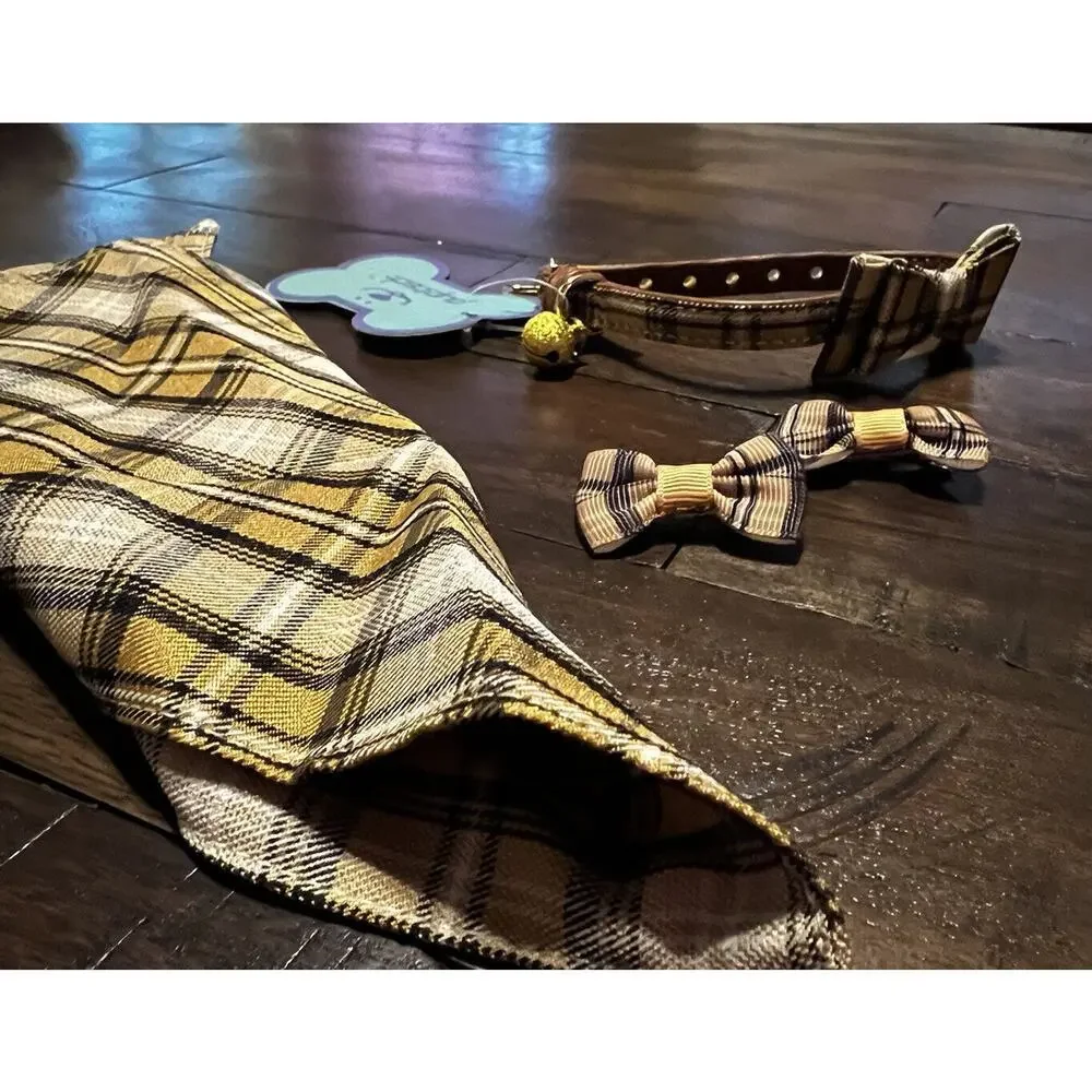 NEW Puptek Dog Collar with Bow Tie & Triangular Plaid Scarf and Two Ear Bows